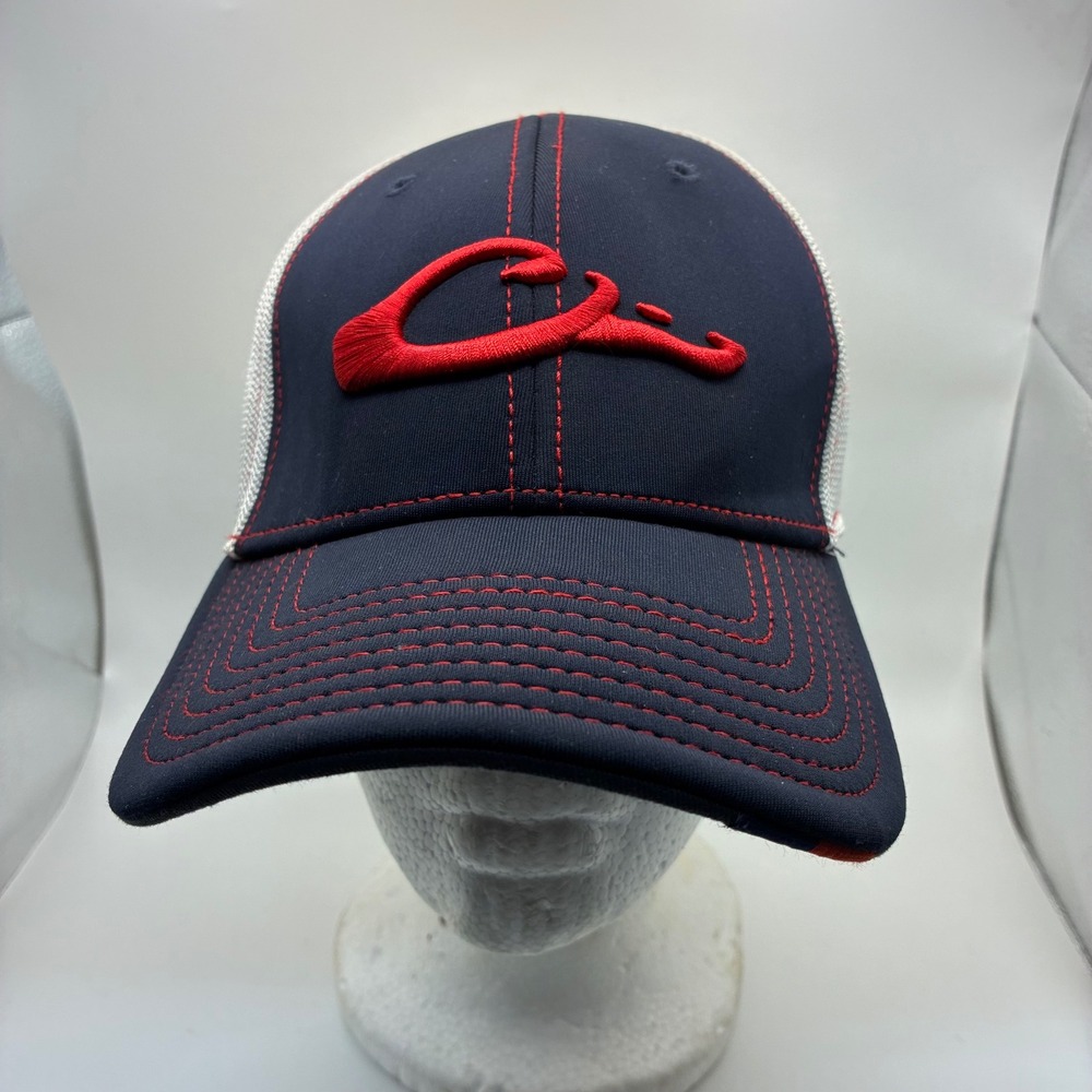 Drake Waterfowl Systems Navy Blue White Mesh Trucker Hat Red Logo Size M/L